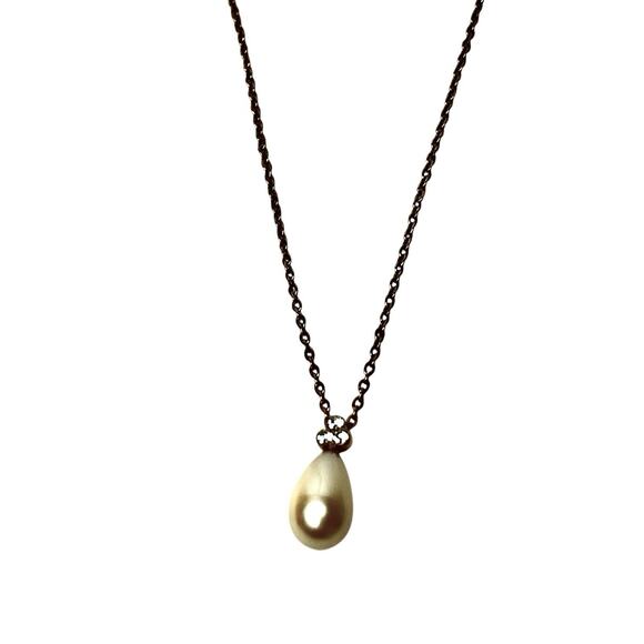 Necklaces Lot 2 Teardrop Pendants Blue Green Foil White Faux Pearl Gold Tone - Picture 6 of 9